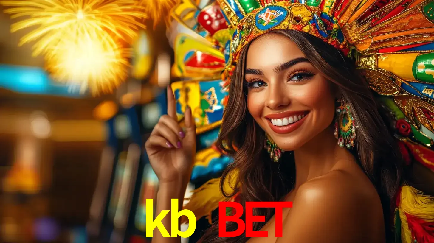 Mulher sorridente com um cocar de carnaval vibrante e colorido, celebrando uma grande vitória nos jogos do cassino kb bet com fogos de artifício ao fundo.