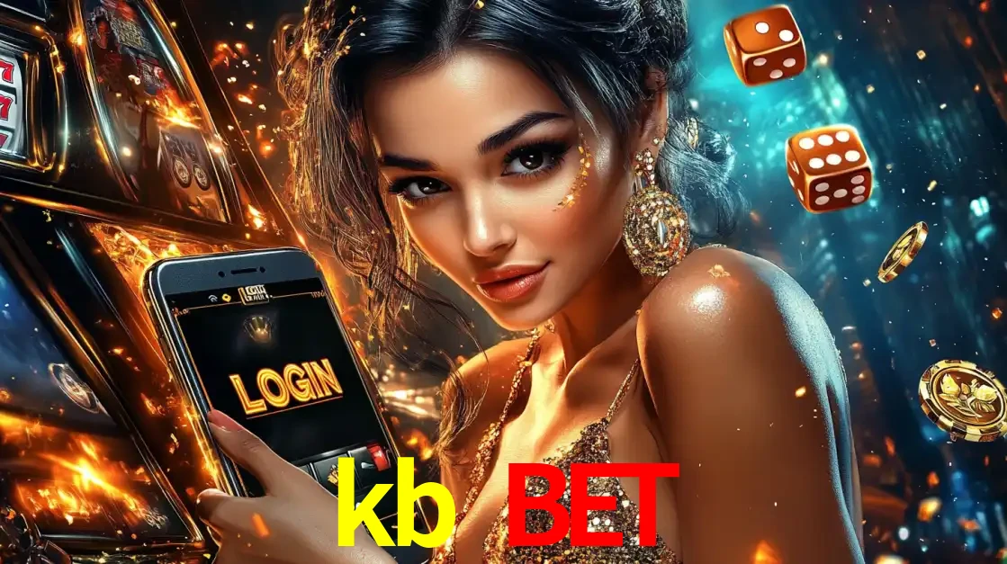 Mulher glamourosa segurando um celular com a tela de login do cassino kb bet, rodeada por dados e moedas douradas, pronta para começar a diversão.