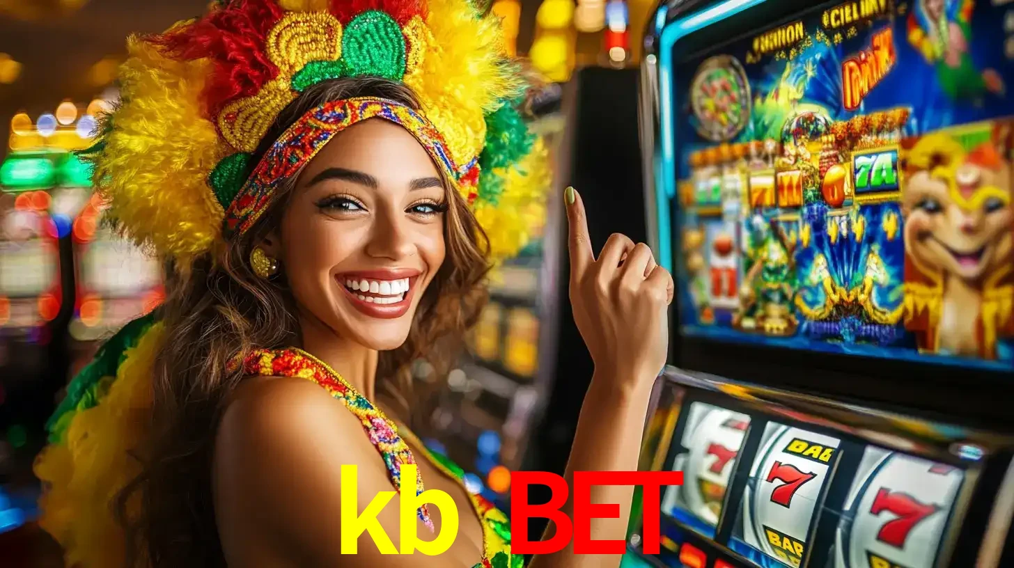 Mulher animada com um cocar de carnaval apontando para uma máquina de caça-níqueis, mostrando a emoção de ganhar um grande prêmio nos jogos do kb bet.