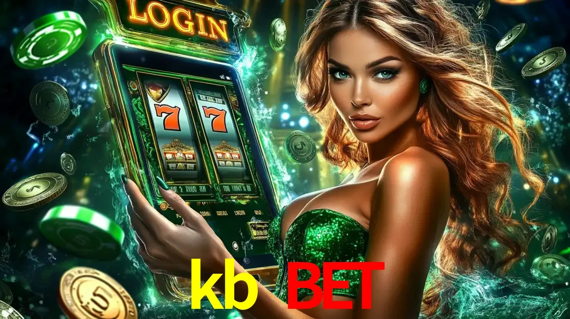 Mulher com tema verde apresentando o aplicativo do cassino kb bet com um jogo de slot de 777, cercada por fichas de cassino e uma aura de sorte.
