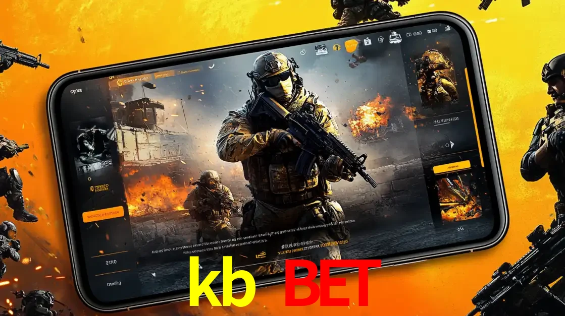 Um smartphone exibindo a interface de um jogo de tiro em primeira pessoa, com um soldado em um cenário de batalha, representando a ação dos e-sports para apostar no kb bet.