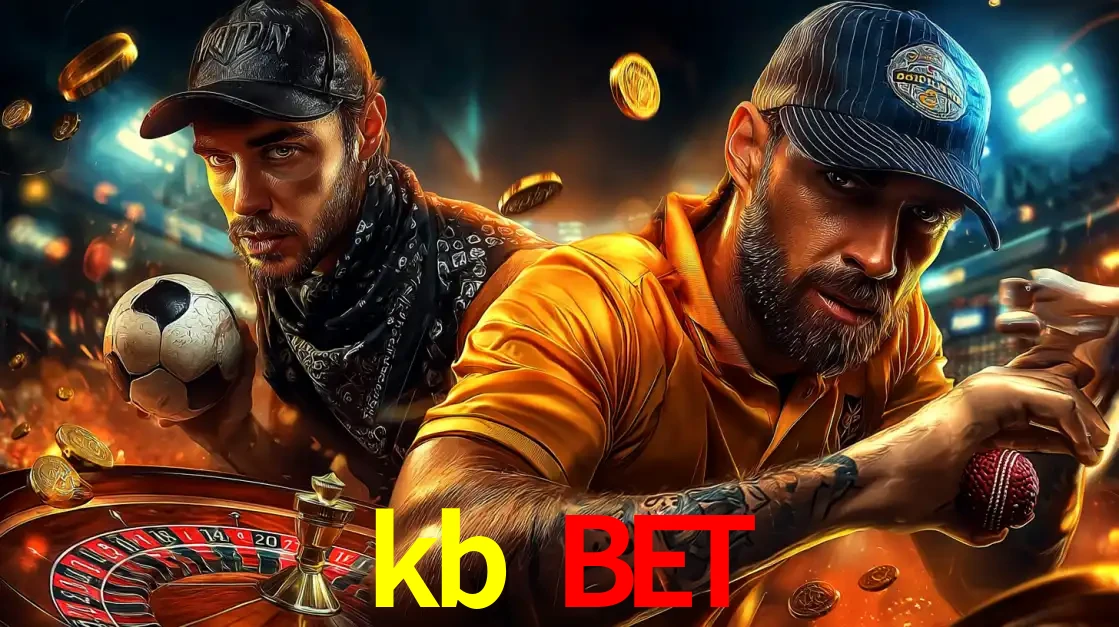 Montagem de apostas esportivas e cassino no kb bet, com um homem segurando uma bola de futebol e outro uma de beisebol sobre uma roleta e moedas voadoras.