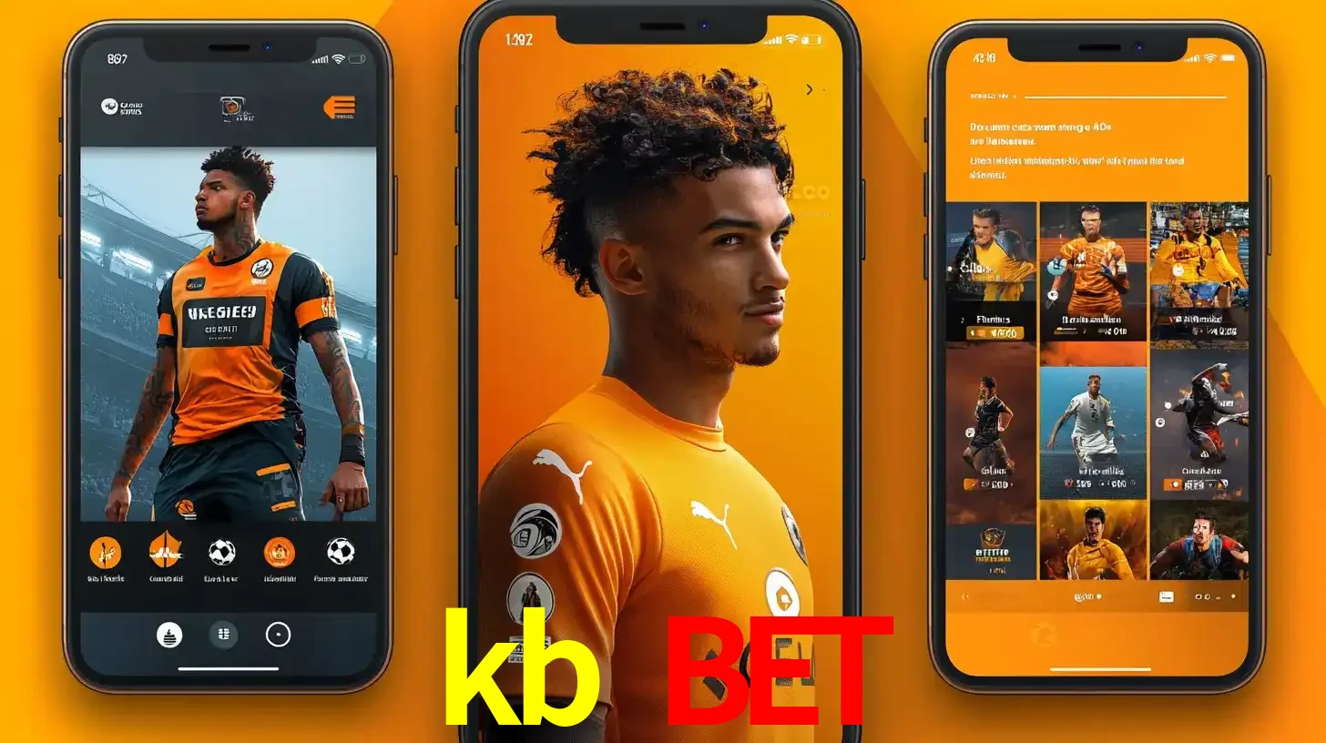 Interface do aplicativo de apostas esportivas kb bet em três telas de celular, mostrando o perfil de um jogador de futebol e a lista de jogos disponíveis para apostar.