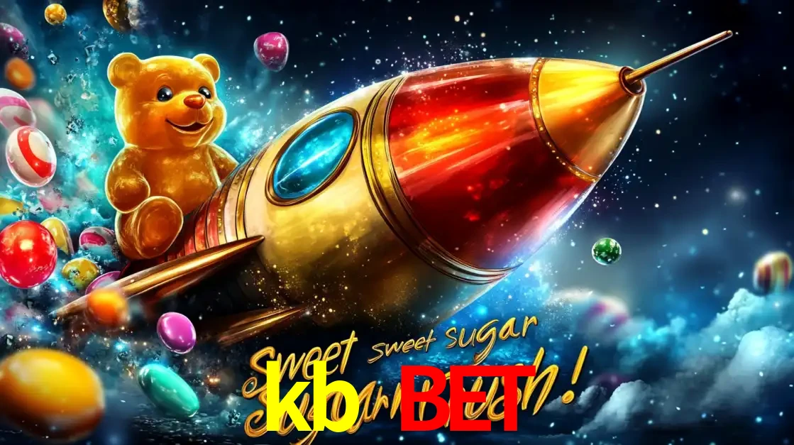 Arte promocional do jogo de slot Sugar Rush, com um urso de pelúcia em um foguete viajando pelo espaço de doces, um dos jogos divertidos disponíveis no cassino kb bet.