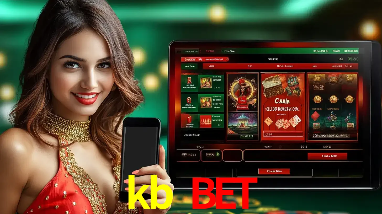 Mulher sorridente segurando um smartphone, ao lado de uma tela exibindo o lobby de jogos do cassino online kb bet, com várias opções de jogos de cartas e slots.